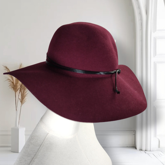 Anthropologie Burgundy Wool Felt Wide Brim Floppy Hat Cottagecore Romantic Boho